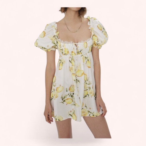 For Love & Lemons Sunny Lemon Serafina Puff Sleeve Summer Mini Dress NWT Size S - Picture 1 of 10